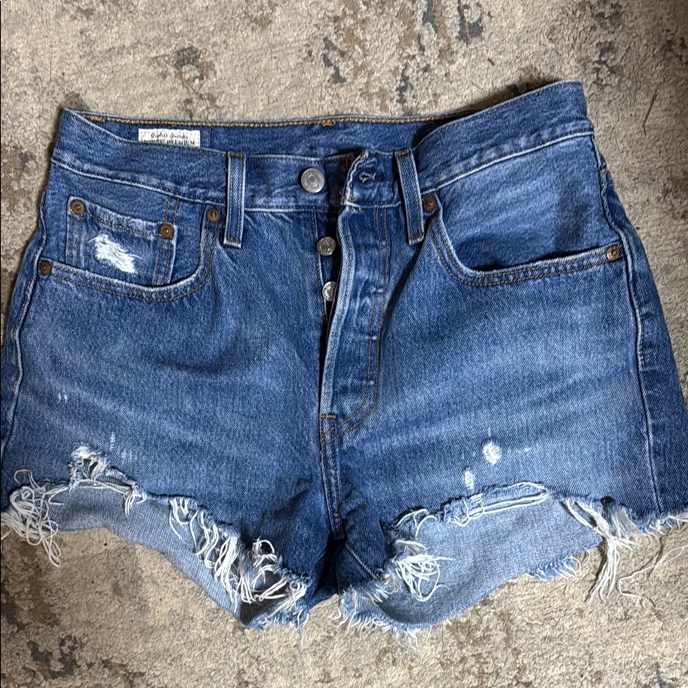 Levi’s 501 Denim Blue Jean button down shorts with Distressed Hem
